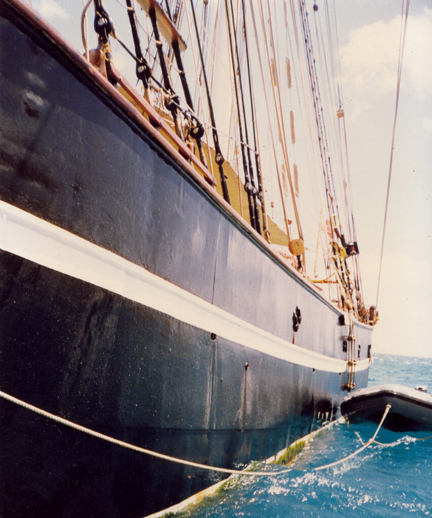 The steel hull of the tall ship, The Eye of the Wind.